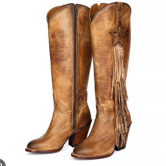Lucchese Shoes - Lucchese Brown Leather Fringe Star Tall Heeled Boots